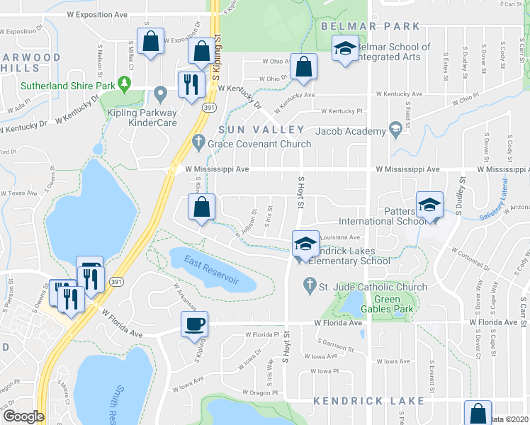 map of restaurants, bars, coffee shops, grocery stores, and more near 1239 South Iris Street in Lakewood