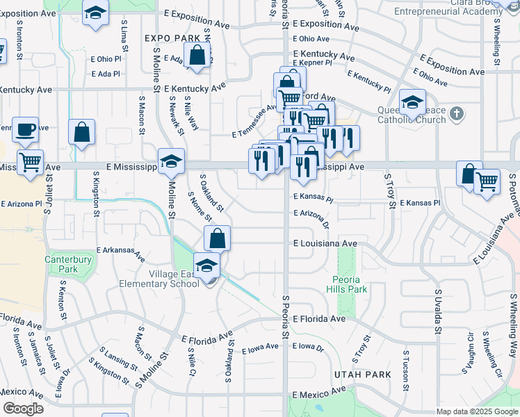 map of restaurants, bars, coffee shops, grocery stores, and more near 12043 East Arizona Drive in Aurora