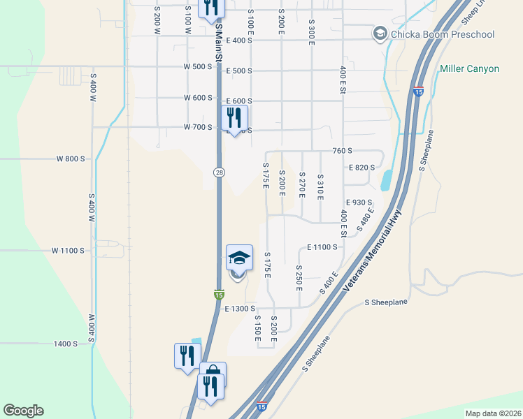 map of restaurants, bars, coffee shops, grocery stores, and more near 980 South 175 East in Nephi