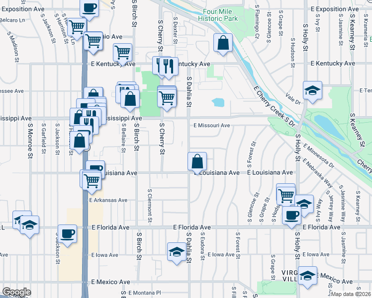 map of restaurants, bars, coffee shops, grocery stores, and more near 4705 East Louisiana Avenue in Denver