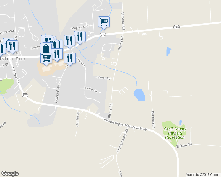 map of restaurants, bars, coffee shops, grocery stores, and more near 113 Pierce Road in Rising Sun
