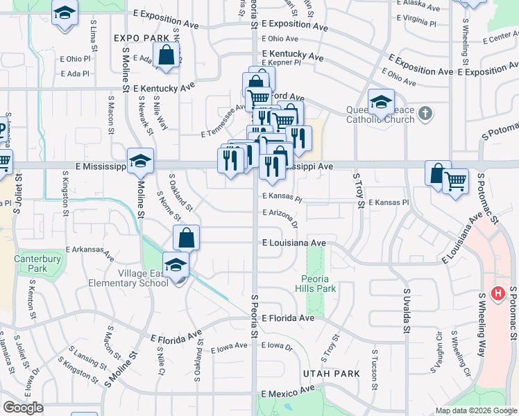 map of restaurants, bars, coffee shops, grocery stores, and more near 12109 East Arizona Drive in Aurora