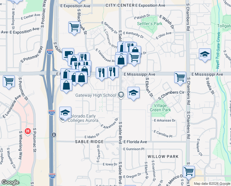 map of restaurants, bars, coffee shops, grocery stores, and more near 14455 East Arizona Avenue in Aurora