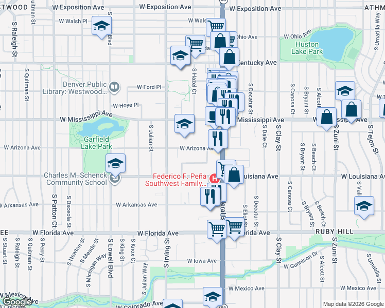 map of restaurants, bars, coffee shops, grocery stores, and more near 3130 West Arizona Avenue in Denver