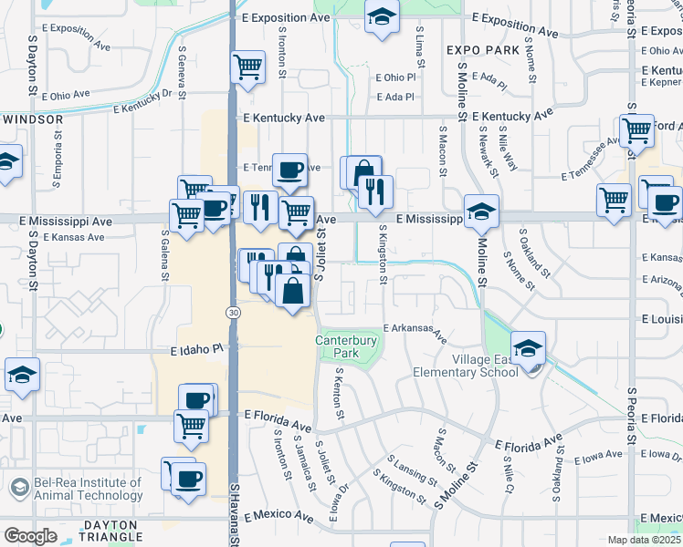 map of restaurants, bars, coffee shops, grocery stores, and more near 10901 East Garden Drive in Aurora