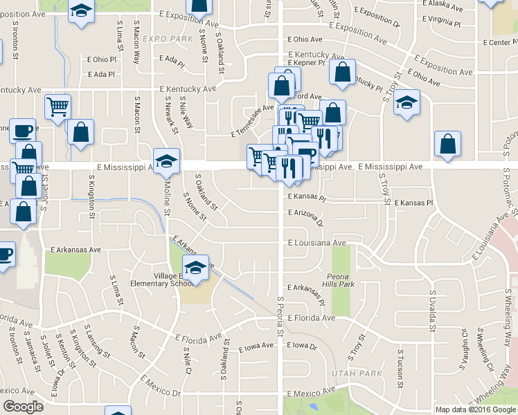 map of restaurants, bars, coffee shops, grocery stores, and more near 12053 East Arizona Drive in Aurora