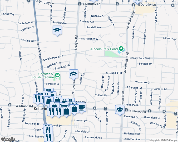 map of restaurants, bars, coffee shops, grocery stores, and more near 607 Brookfield Road in Dayton
