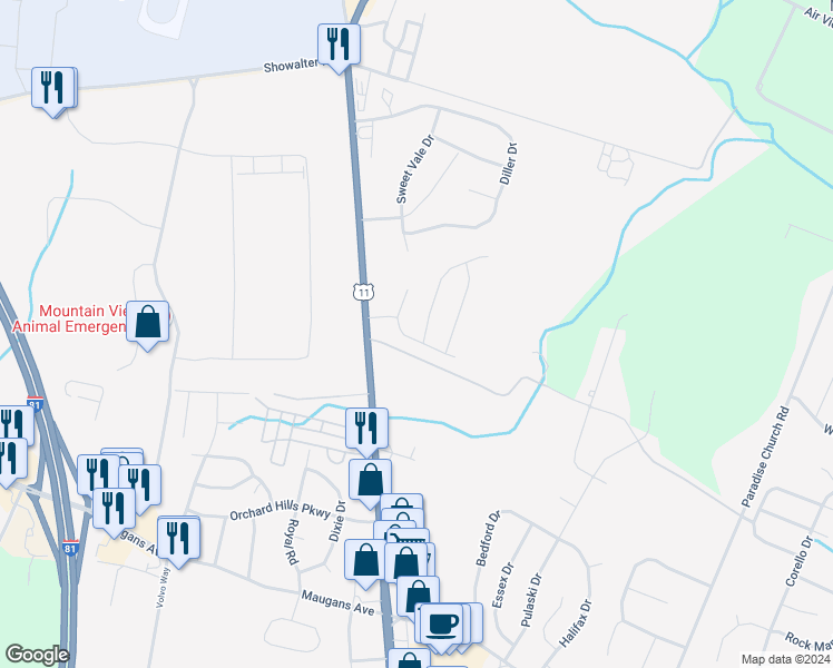 map of restaurants, bars, coffee shops, grocery stores, and more near 18722 Northridge Drive in Hagerstown