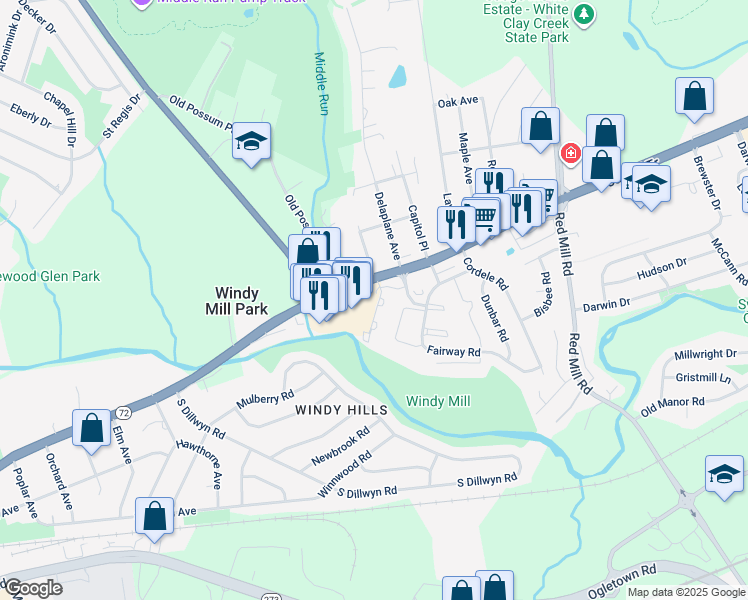 map of restaurants, bars, coffee shops, grocery stores, and more near 408 Melrose Place Drive in Newark
