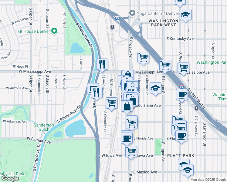 map of restaurants, bars, coffee shops, grocery stores, and more near 1200 South Bannock Street in Denver