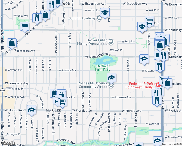 map of restaurants, bars, coffee shops, grocery stores, and more near 1224 South Osceola Street in Denver