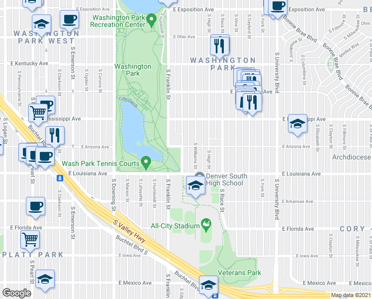 map of restaurants, bars, coffee shops, grocery stores, and more near 1200 South Gilpin Street in Denver