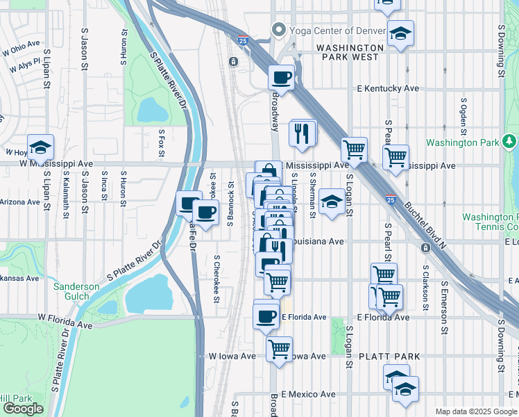 map of restaurants, bars, coffee shops, grocery stores, and more near 1205 South Broadway in Denver