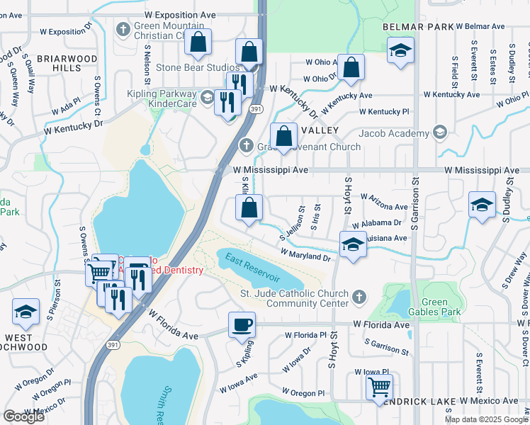 map of restaurants, bars, coffee shops, grocery stores, and more near 1223 South Johnson Way in Lakewood