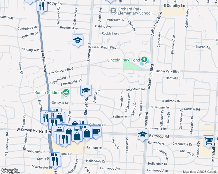 map of restaurants, bars, coffee shops, grocery stores, and more near 607 Brookfield Road in Dayton