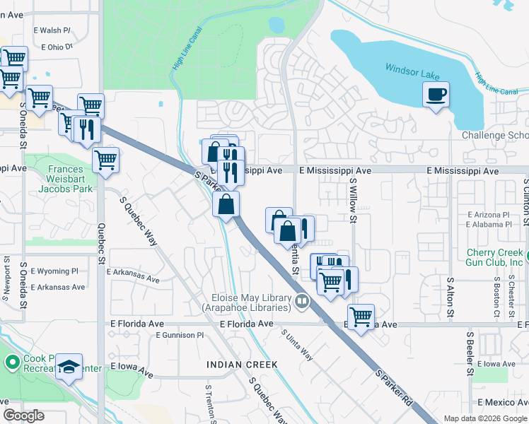 map of restaurants, bars, coffee shops, grocery stores, and more near 1302 South Parker Road in Denver
