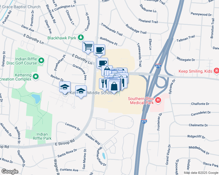 map of restaurants, bars, coffee shops, grocery stores, and more near 4480 Cedar Park Drive in Beavercreek