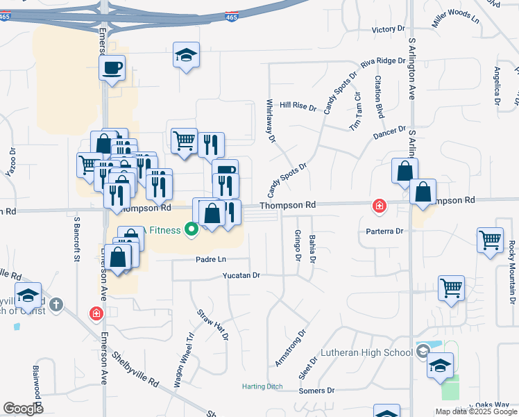map of restaurants, bars, coffee shops, grocery stores, and more near 5461 Thompson Road in Indianapolis