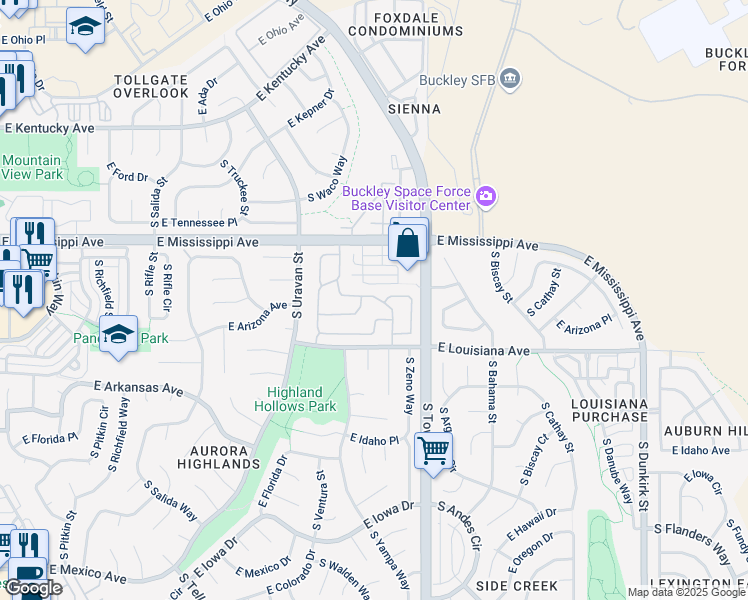 map of restaurants, bars, coffee shops, grocery stores, and more near 1203A South Zeno Way in Aurora