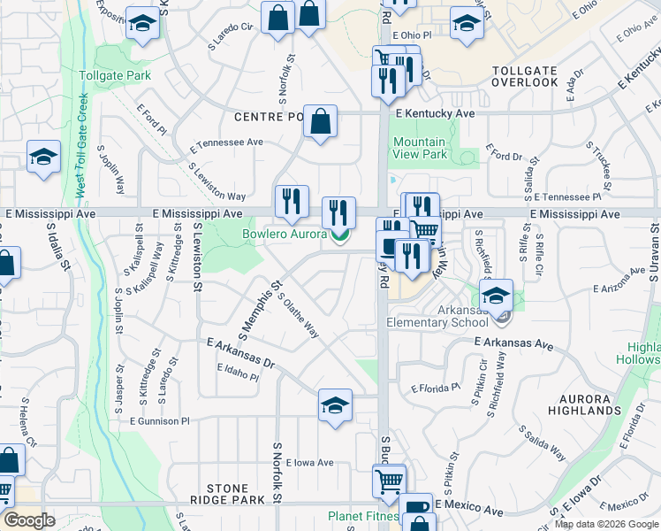 map of restaurants, bars, coffee shops, grocery stores, and more near 16763 East Arizona Place in Aurora