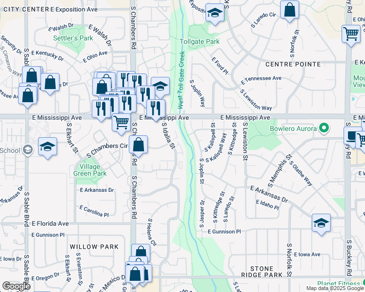 map of restaurants, bars, coffee shops, grocery stores, and more near 1210 South Idalia Street in Aurora
