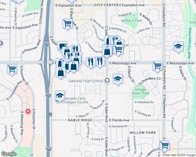 map of restaurants, bars, coffee shops, grocery stores, and more near 14455 East Arizona Avenue in Aurora