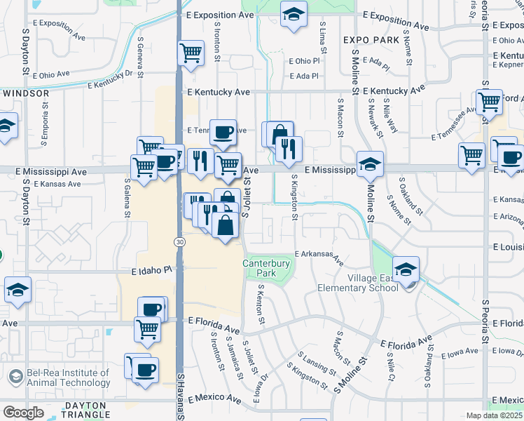 map of restaurants, bars, coffee shops, grocery stores, and more near 1256 South Joliet Court in Aurora
