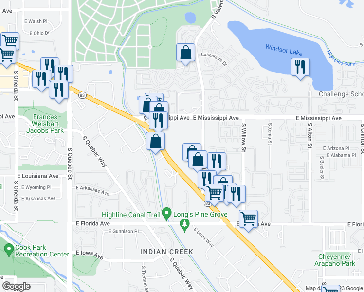 map of restaurants, bars, coffee shops, grocery stores, and more near 1302 South Parker Road in Denver