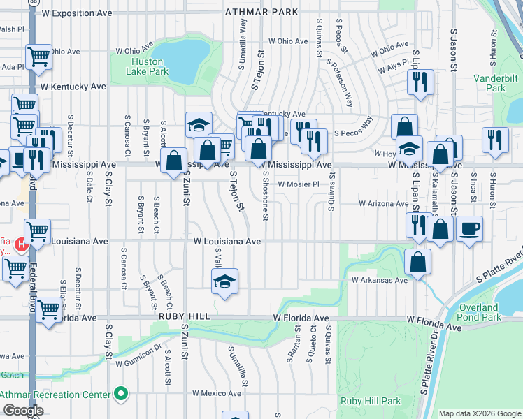 map of restaurants, bars, coffee shops, grocery stores, and more near 1220 South Shoshone Street in Denver
