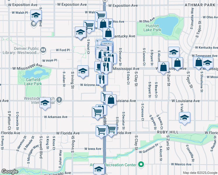 map of restaurants, bars, coffee shops, grocery stores, and more near 1212 South Federal Boulevard in Denver