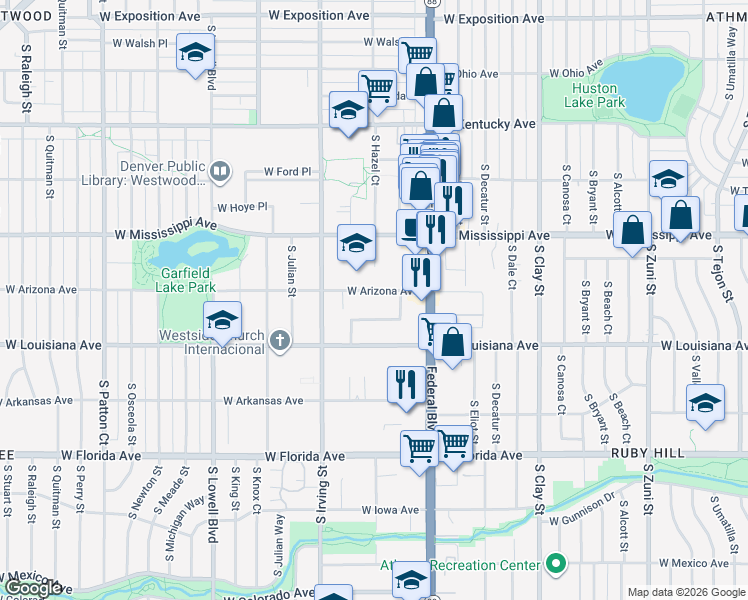 map of restaurants, bars, coffee shops, grocery stores, and more near 3130 West Arizona Avenue in Denver