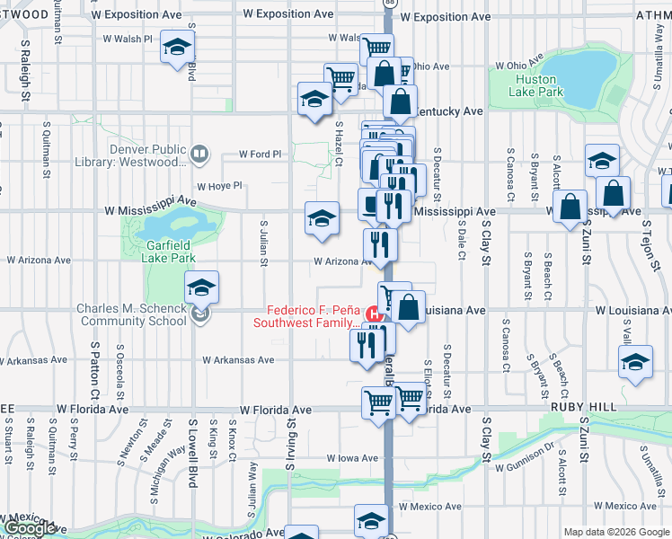 map of restaurants, bars, coffee shops, grocery stores, and more near 3130 West Arizona Avenue in Denver