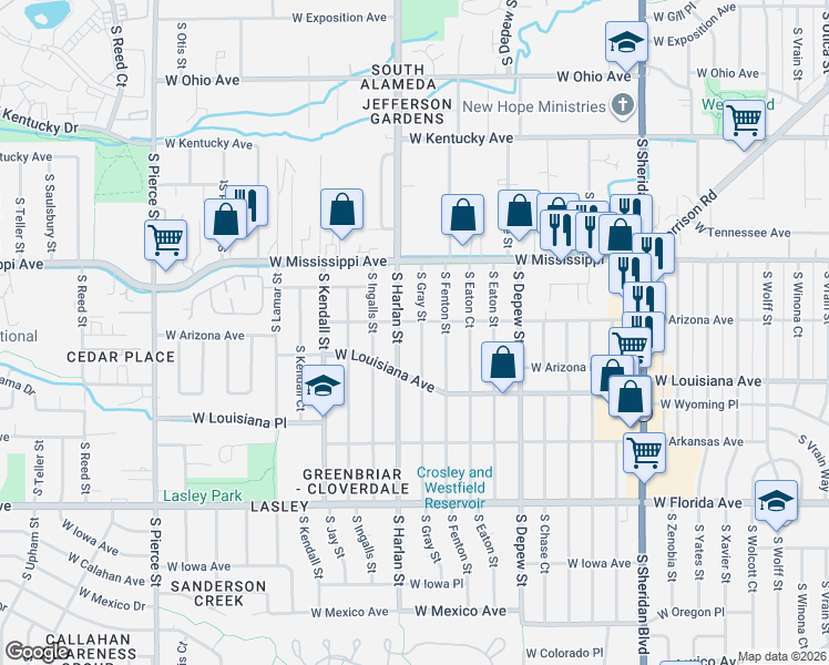 map of restaurants, bars, coffee shops, grocery stores, and more near 1220 South Gray Street in Lakewood