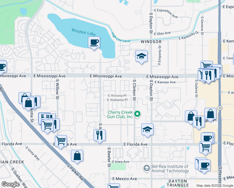 map of restaurants, bars, coffee shops, grocery stores, and more near 9305 East Arizona Place in Denver