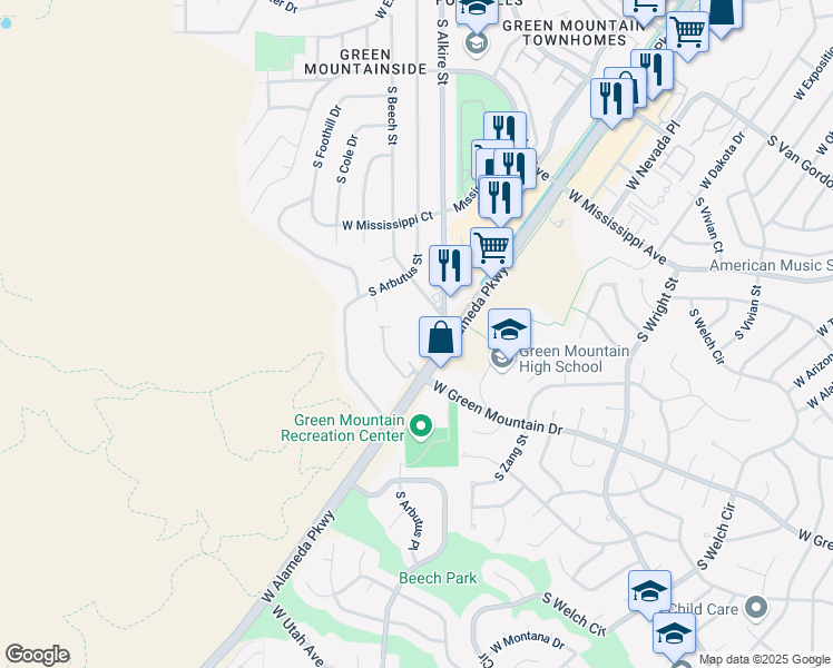 map of restaurants, bars, coffee shops, grocery stores, and more near 1193 South Beech Drive in Lakewood
