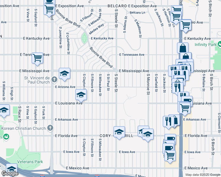 map of restaurants, bars, coffee shops, grocery stores, and more near 1201 South Steele Street in Denver