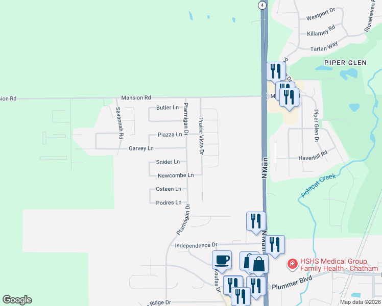 map of restaurants, bars, coffee shops, grocery stores, and more near 1709 Prairie Vista Drive in Chatham