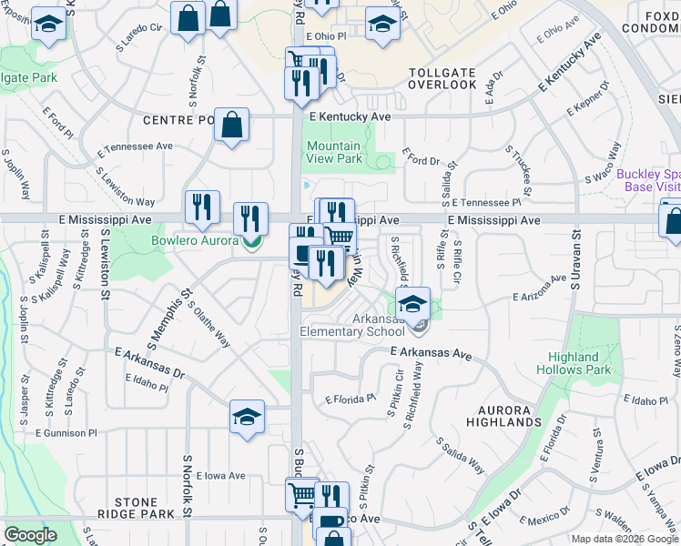 map of restaurants, bars, coffee shops, grocery stores, and more near 1200 South Buckley Road in Aurora
