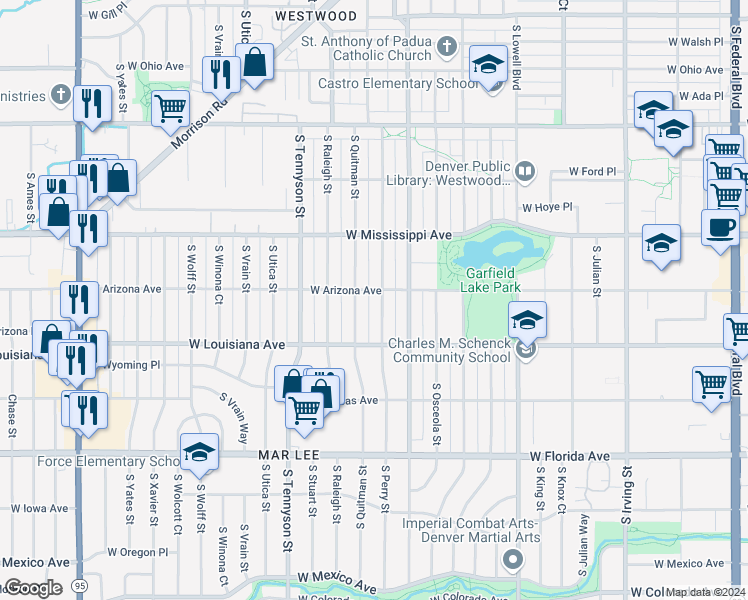 map of restaurants, bars, coffee shops, grocery stores, and more near 1213 South Perry Street in Denver