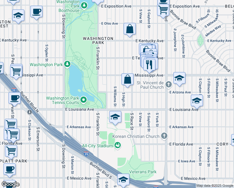 map of restaurants, bars, coffee shops, grocery stores, and more near 1200 South Williams Street in Denver