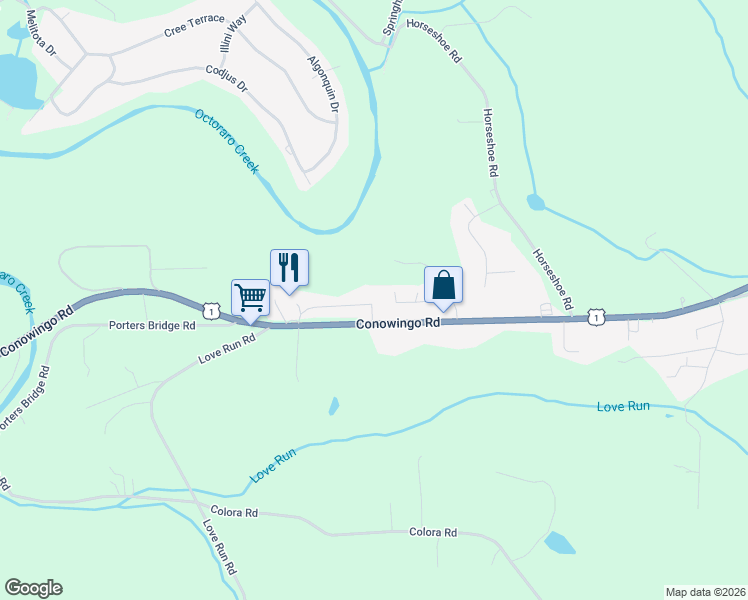 map of restaurants, bars, coffee shops, grocery stores, and more near 76 Spready Oak Road in Rising Sun