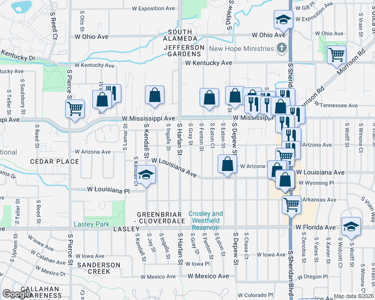 map of restaurants, bars, coffee shops, grocery stores, and more near 1220 South Gray Street in Lakewood