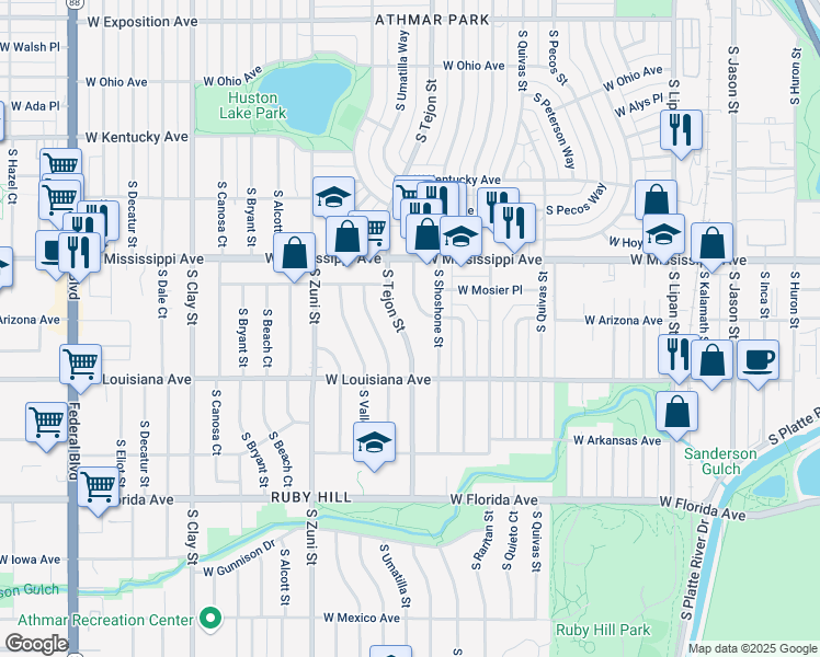 map of restaurants, bars, coffee shops, grocery stores, and more near 1220 South Tejon Street in Denver