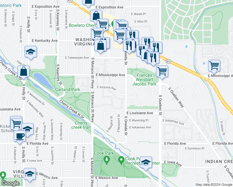 map of restaurants, bars, coffee shops, grocery stores, and more near 169 East Arizona Avenue in Denver