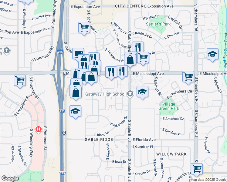 map of restaurants, bars, coffee shops, grocery stores, and more near 14289 East Arizona Avenue in Aurora
