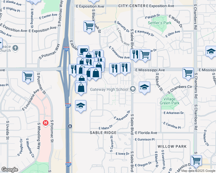 map of restaurants, bars, coffee shops, grocery stores, and more near 14195 East Arizona Avenue in Aurora