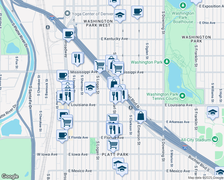 map of restaurants, bars, coffee shops, grocery stores, and more near 1215 South Pearl Street in Denver