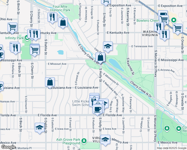 map of restaurants, bars, coffee shops, grocery stores, and more near 1190 South Grape Street in Denver