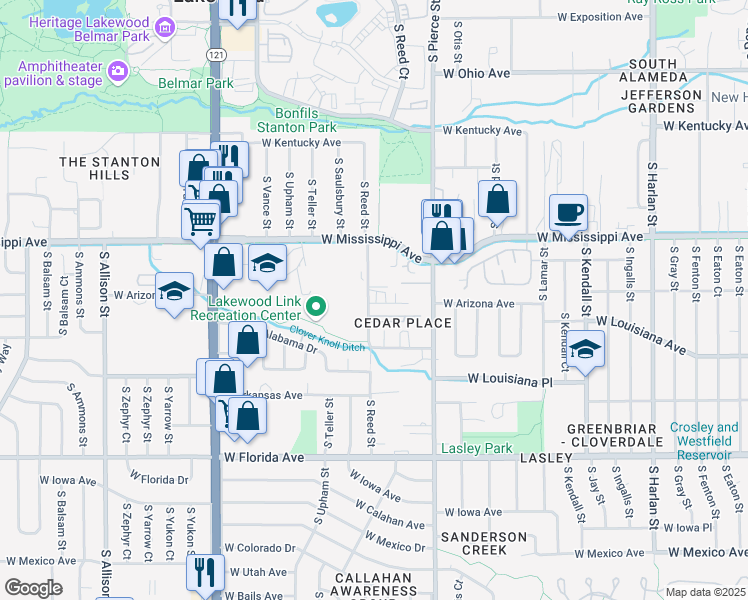 map of restaurants, bars, coffee shops, grocery stores, and more near 1210 South Reed Street in Lakewood
