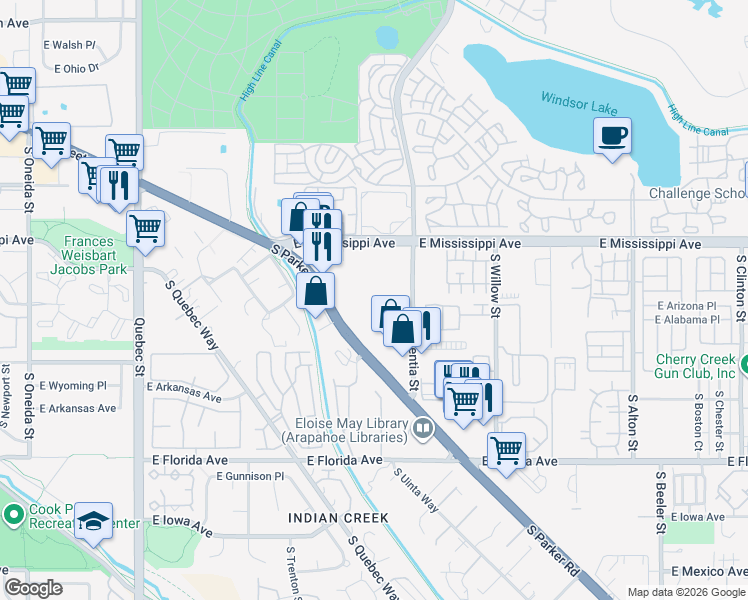 map of restaurants, bars, coffee shops, grocery stores, and more near 1302 South Parker Road in Denver